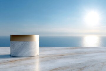 Elegant Marble Product Container Under Soft Sunlight by the Ocean