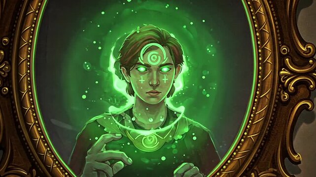 A Mystical Sorcerer Gazing Through an Enchanted Green Mirror.