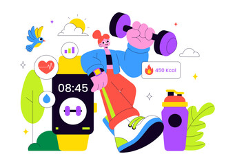 Smart Wearable Fitness Band Vector Illustration Featuring Smartwatch Tracker With Multimedia Apps For Lifestyle, Work, And Heart Rate Monitoring