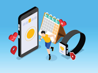 Mobile Health and Fitness Tracking App Concept 3d isometric vector illustration