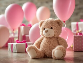 Teddy bear with balloons and gifts