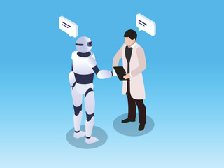 Human-Robot Collaboration and Future Partnership 3d isometric vector illustration