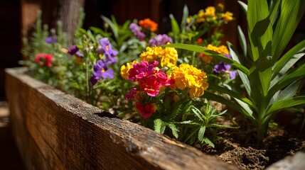 Vibrant mixed springtime blossoms flourish brightly within a rustic wooden planter box