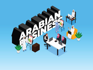Middle Eastern Businesspeople in Traditional Dress Working and Meeting in an Office 3d isometric vector illustration