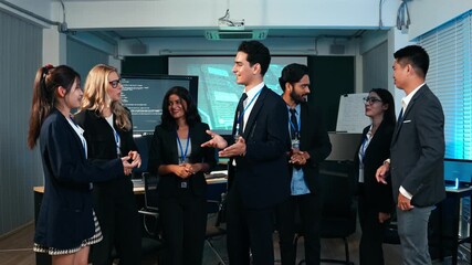 Professional team of diverse business people discussing ideas in the office. Coworker enjoy talking and make a connection. Corporate business teamwork. Sharing work, Social gathering - Powered by Adobe