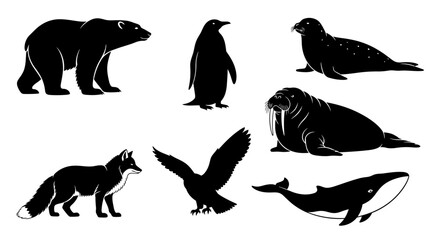 Arctic and Antarctic Animal Silhouettes Polar Bears, Penguins, Seals, and Whales