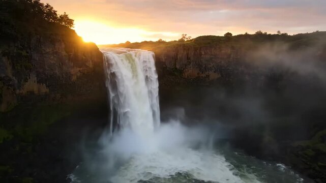 Majestic Waterfall Cascading Down Rocky Cliff Face at Golden Hour with Cinematic Dolly Shot rocks, vista, peaceful