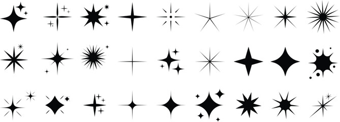 Sparkle Icons set, Sparkles, stars and bursts icons, twinkling stars. Vector set of different black sparkles icons on transparent background. Vector illustration ,glitter, twinkling and clean. Star sp