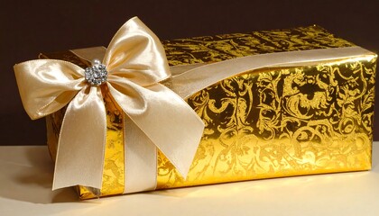 Gift box gleams with a gold floral pattern, tied with a shimmering bow. For holiday marketing, celebrations, birthdays, design.
