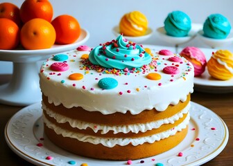 A fresh, sweet birthday cake with colorful candles and flowers is a delicious dessert from the bakery