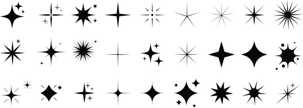 Sparkle Icons set, Sparkles, stars and bursts icons, twinkling stars. Vector set of different black sparkles icons on transparent background. Vector illustration ,glitter, twinkling and clean. Star sp