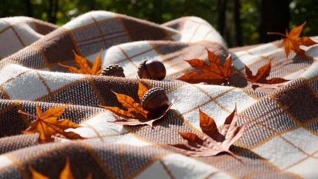 Cozy autumn scene with falling leaves on checkered blanket outdoors
