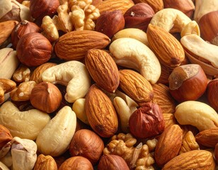 Mixed Nuts Collection Close Up: Almonds, Cashews, Walnuts and Hazelnuts