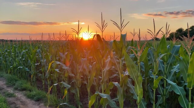 a sunset over a corn field with the sun setting in the distance
