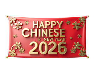 Naklejka premium Red banner displays Happy Chinese New Year 2026 text accented with golden flowers for a festive greeting.
