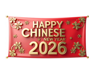 Red banner displays Happy Chinese New Year 2026 text accented with golden flowers for a festive greeting.