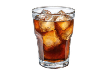Glass of dark cola drink with ice cubes on black background soda iced, Png, Isolated on Transparent Background, Cut Out