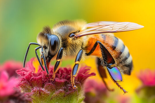 A honeybee with rainbow reflections in its wings