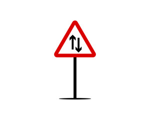 A warning sign indicating the start of a section of two-way traffic or that the road ahead changes from a one-way to a two-way system