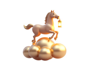 Golden horse figure stands atop gold metallic clouds holding a glowing lantern symbolizing prosperity and good luck.