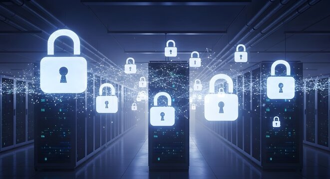 Cybersecurity data protection concept with glowing digital padlocks, secure server room infrastructure, cloud computing network safety background