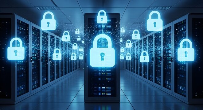 Cybersecurity data center with glowing blue padlocks, secure server room network protection, digital information safety and cloud storage encryption