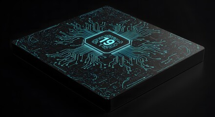 A futuristic glowing computer chip with intricate teal circuitry and the number 19 at its core, on a dark background.