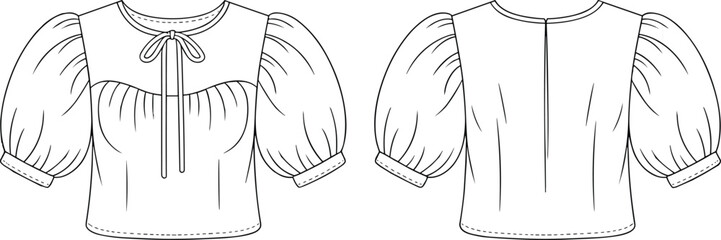 Puff sleeve blouse, fashion sketch, keyhole neckline, gathered yoke, short sleeve top, cad drawing flat vector illustration, front and back view