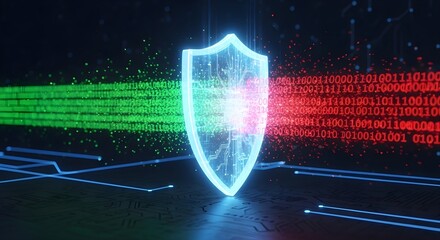 Digital shield protects against incoming data streams, symbolizing cybersecurity and network defense.