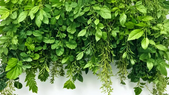 Lush green foliage with varying leaf sizes and textures, arranged against a white background