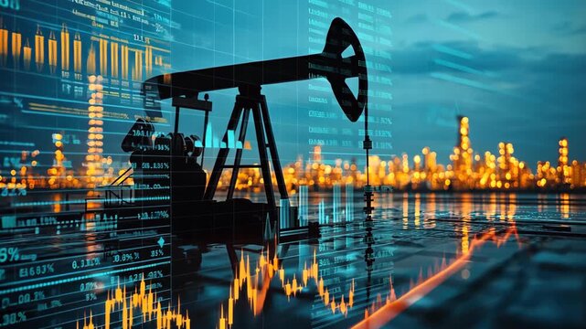 An oil pump silhouetted with data visualization over a cityscape, implying economics and industry