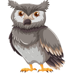 Stylized Cartoon Owl With Gray Feathers Brown Eyes and Yellow Feet Standing Against Transparent Background