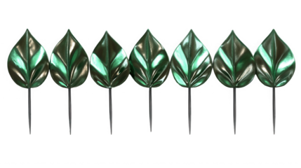 A row of six shiny green leaves with dark veins and stems against a black background in a studio shot on transparent background