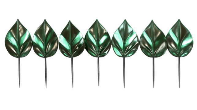 A row of six shiny green leaves with dark veins and stems against a black background in a studio shot on transparent background