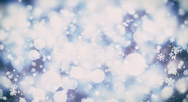 Abstract winter background with glowing bokeh lights and falling snowflakes. Christmas Theme