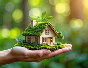 Miniature House on Palm with Green Moss Roof and Young Sprout Against Blurred Green Bokeh Background Emphasizing Eco Friendly Living and Sustainability