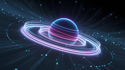 Abstract glowing illustration of a futuristic planet with neon rings orbiting in digital space