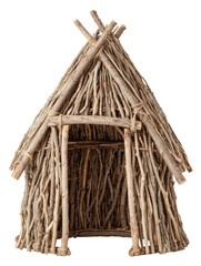 Rustic hut of interwoven twigs; simple, triangle structure