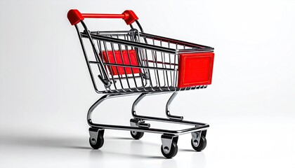 Miniature Shopping Cart with Red Accents on White Background in Studio Lighting