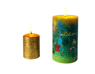Two variations of festive holiday candles featuring glitter texture and artistic designs isolated on transparent background