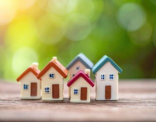 Miniature Houses on Wooden Surface with Green Bokeh Background