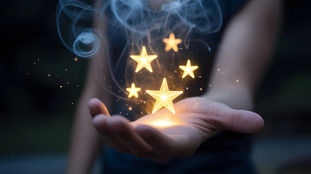 A person s open hand gently holding glowing golden stars and magical shimmering light particles emanating upwards