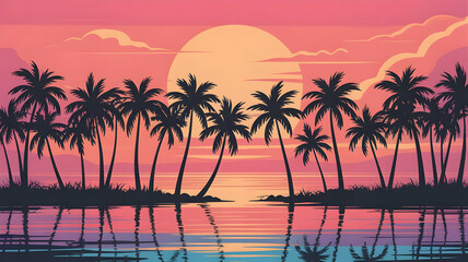 Tropical sunset illustration with palm tree silhouettes reflecting in calm ocean water at dusk.
