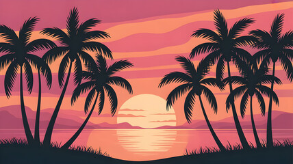 Tropical sunset illustration with silhouetted palm trees on a beach overlooking the ocean at dusk