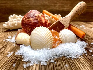 Seashells, bath salts, and wooden scoop on wood.