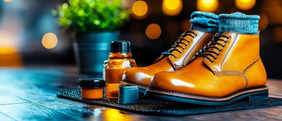 Polished Leather Boots with Shoe Care Products.
