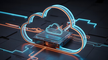Futuristic glowing neon cloud symbol representing digital data storage and cloud computing technology on a circuit board background