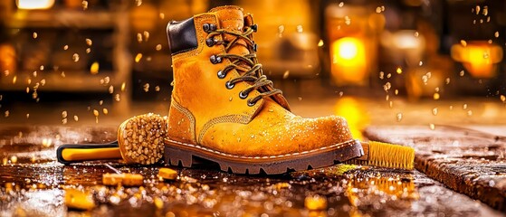 Wet Yellow Work Boot with Cleaning Brushes