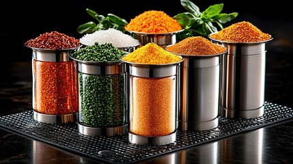 Colorful Spices and Grains in Metal Containers