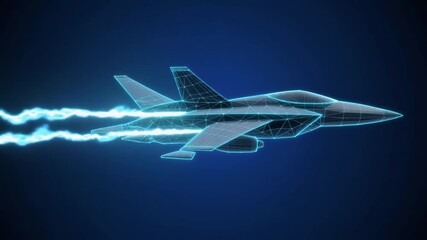 Fighter jet with speed light line. Supersonic digital jet fighter in futuristic wireframe style. Technology military airplane hologram. High-speed innovations concept. Abstract aircraft background. 4k - Powered by Adobe
